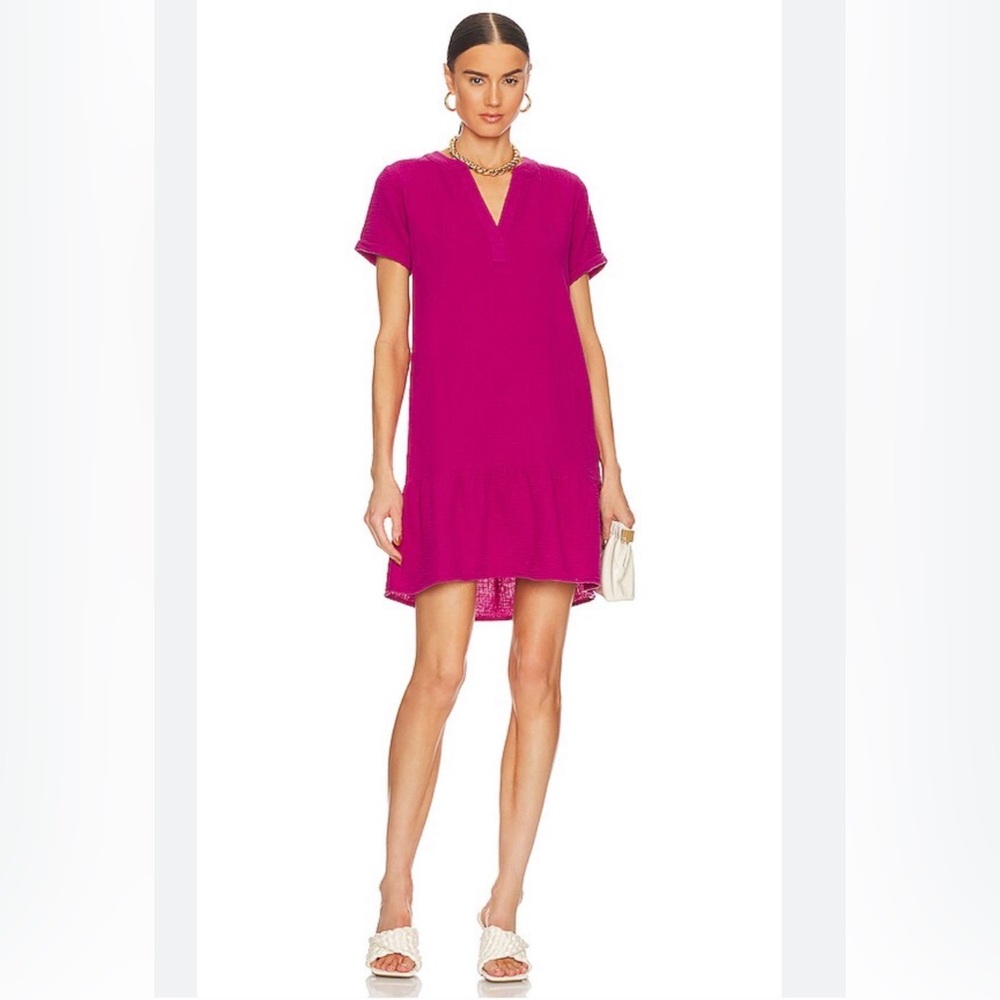 NWT Bobi Dragonfruit Pink Split Neck Ruffle Hem Gauze Dress Small 🩷